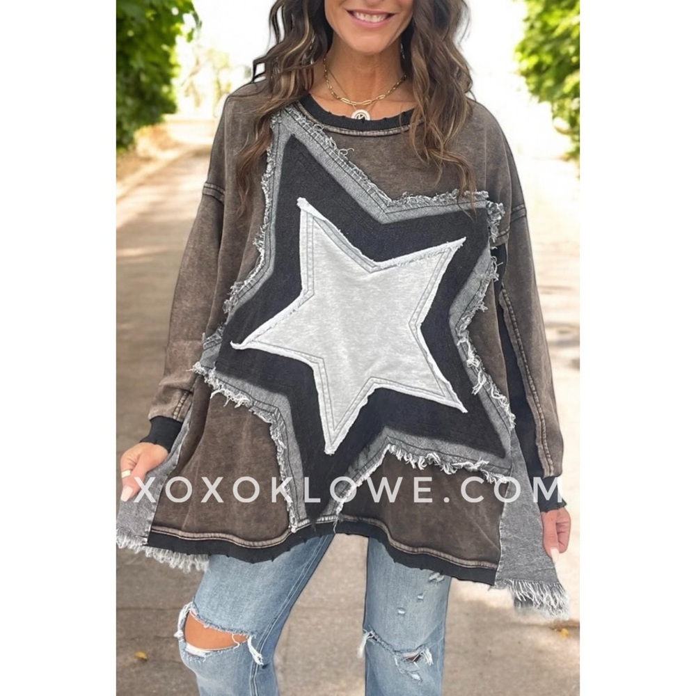 Oli & Hali Star Patched French Terry & Denim Oversized Tunic Top in Black